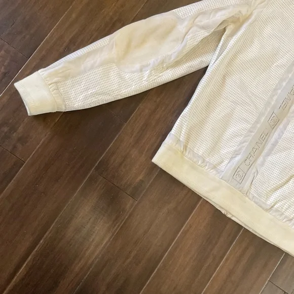 Chanel White Size 8-10 Perforated Leather Bomber Jacket Branded Back Stripe